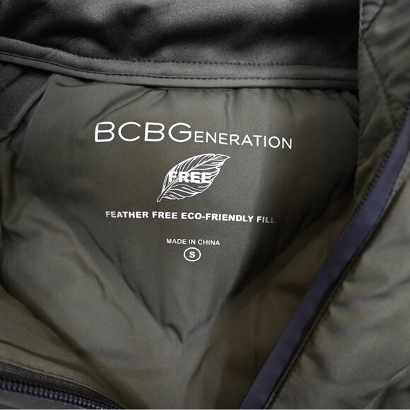 BCBGeneration Womens S Mixed Media Hooded Quilted Jacket in Loden NEW - Picture 9 of 11